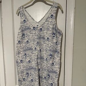 Fun vacation-print white and blue linen Old Navy dress WITH POCKETS, size M